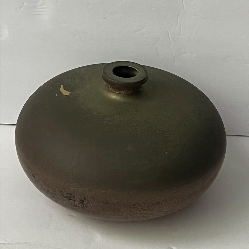 Vintage Asian Japanese Style Matte Olive Green Metal Vase